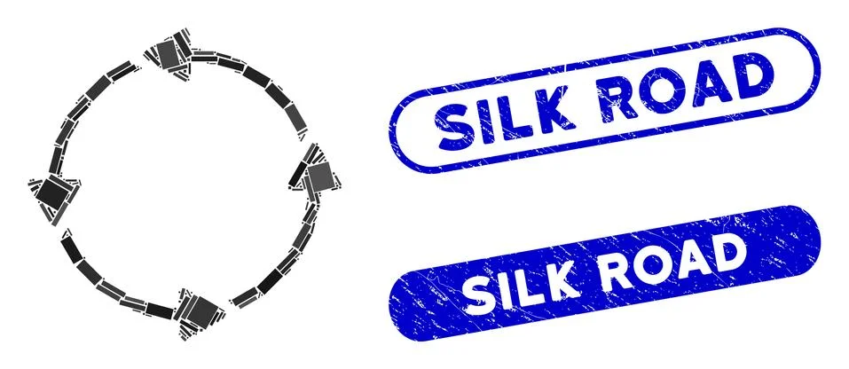 Rectangle Collage Circular Route with Scratched Silk Road Stamps 스톡 일러스트