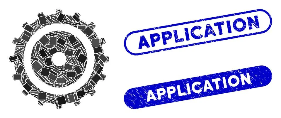 Rectangle Collage Cog Wheel with Textured Application Seals 스톡 일러스트