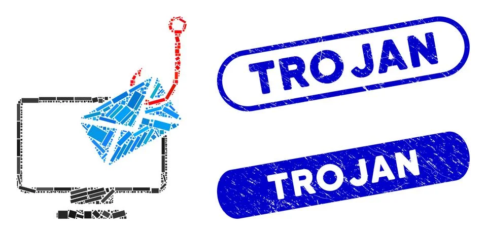 Rectangle Collage Computer Mail Phishing with Textured Trojan Seals Stock Illustration