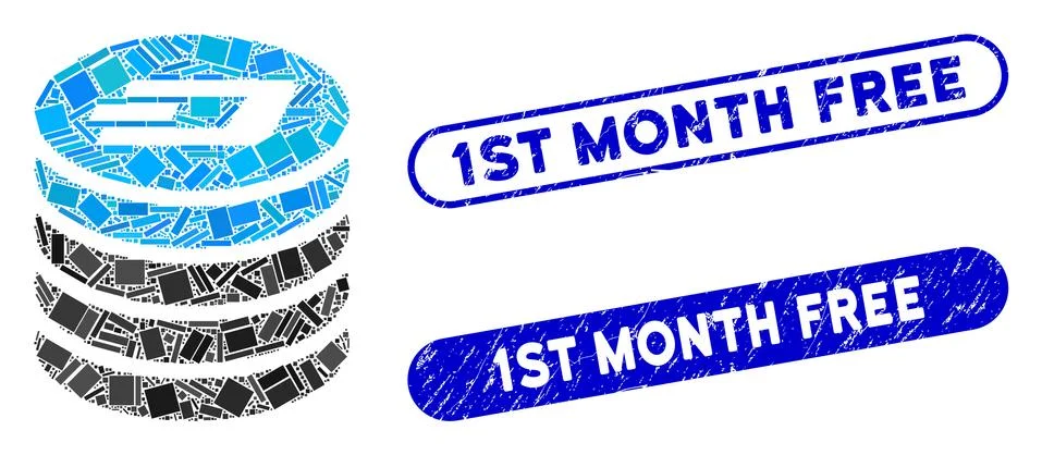 Rectangle Collage Dash Coin Stack with Scratched 1St Month Free Seals Stock Illustration