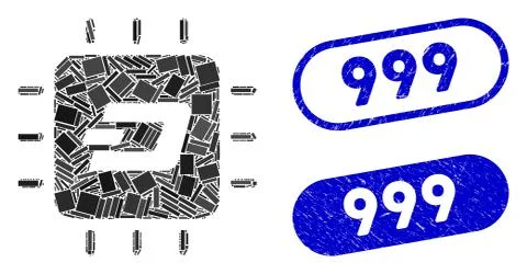 Rectangle Collage Dash Processor Chip with Textured 999 Stamps Stock Illustration
