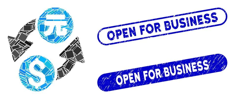 Rectangle Collage Dollar Yuan Exchange with Distress Open for Business Stamps Stock Illustration