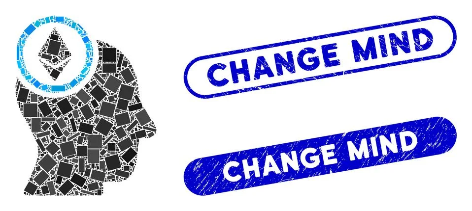 Rectangle Collage Ethereum Mind Head with Distress Change Mind Stamps Stock Illustration