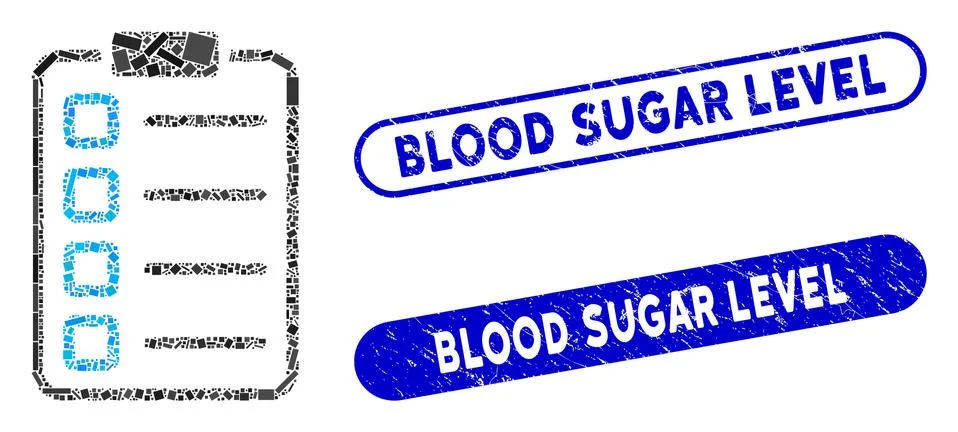 Rectangle Collage Examination List with Distress Blood Sugar Level Seals Stock Illustration