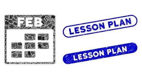 Rectangle Collage February Calendar Grid with Scratched Lesson Plan Seals Stock Illustration