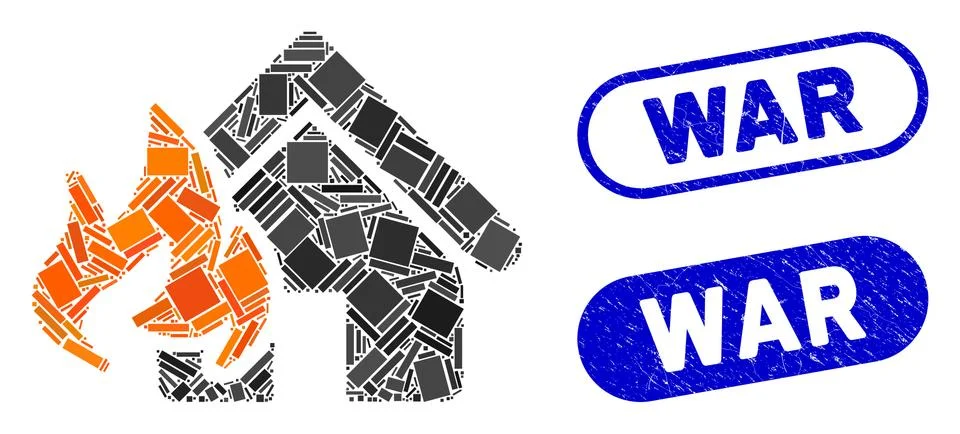 Rectangle Collage Fire Damage with Grunge War Stamps Illustrazione stock