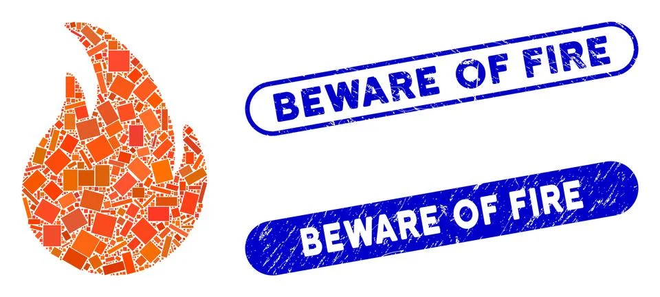Rectangle Collage Fire with Grunge Beware of Fire Stamps Stock Illustration