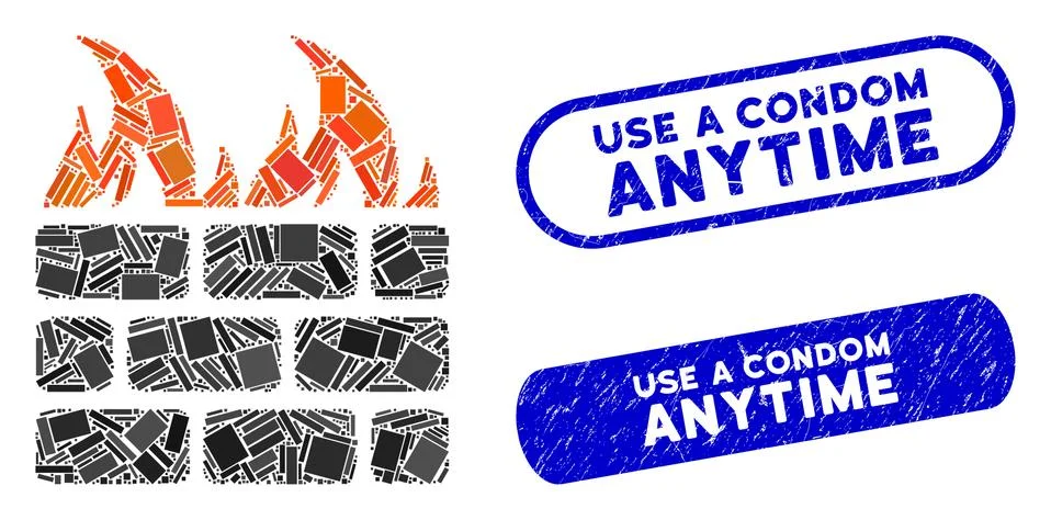 Rectangle Collage Fire Wall with Grunge Use a Condom Anytime Seals Illustrazione stock