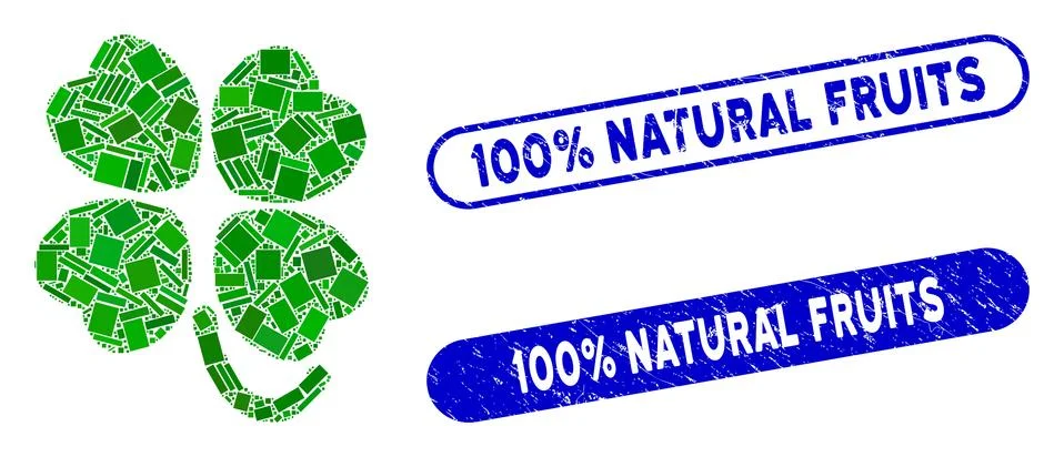 Rectangle Collage Four-Leafed Clover with Textured 100% Natural Fruits Stamps 스톡 일러스트