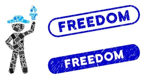 Rectangle Collage Gentleman with Freedom Torch with Distress Freedom Seals Stock Illustration