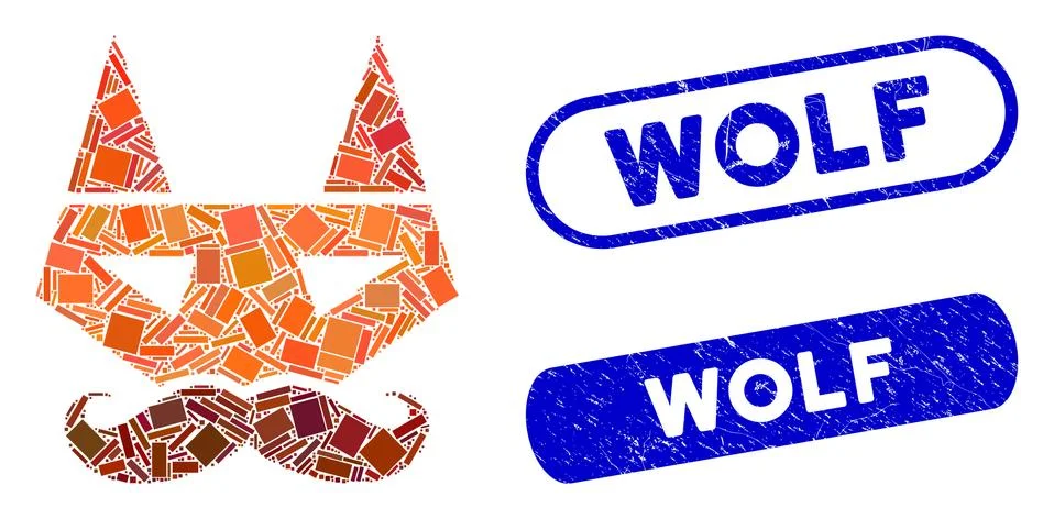 Rectangle Collage Getleman Fox Head with Scratched Wolf Seals Stock Illustration