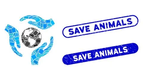 Rectangle Collage Global Care with Scratched Save Animals Stamps 스톡 일러스트