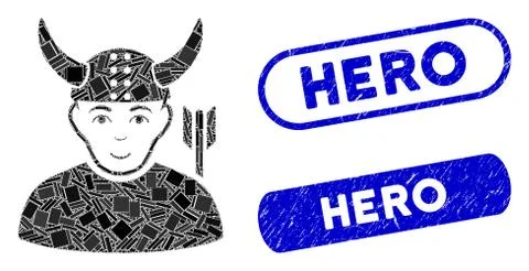 Rectangle Collage Horned Warrior with Scratched Hero Seals Stock Illustration