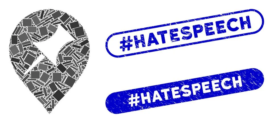 Rectangle Collage Interest Pin Marker with Scratched #Hatespeech Stamps Stock Illustration