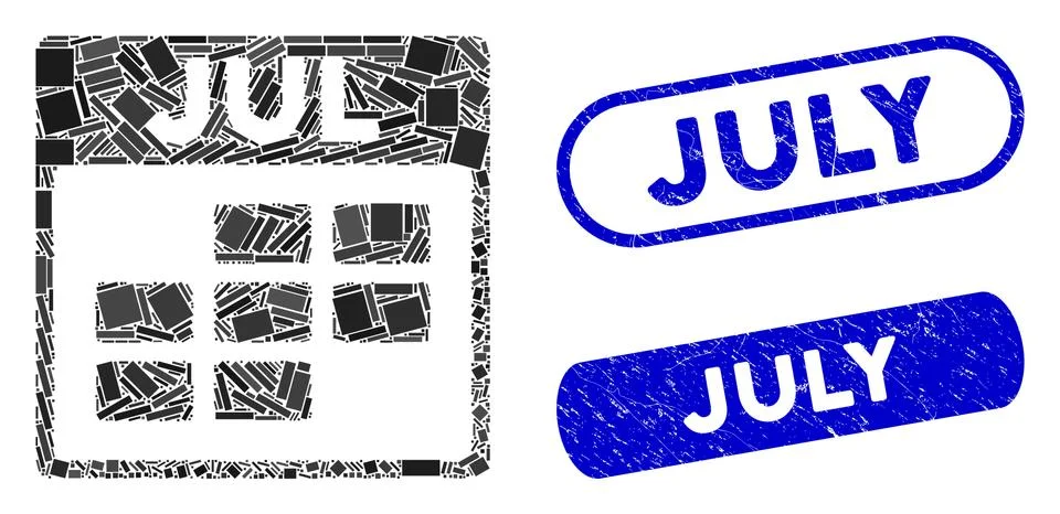 Rectangle Collage July Calendar Grid with Grunge July Stamps Illustrazione stock