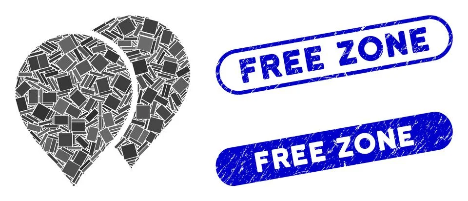 Rectangle Collage Map Pointers with Textured Free Zone Seals Stock Illustration