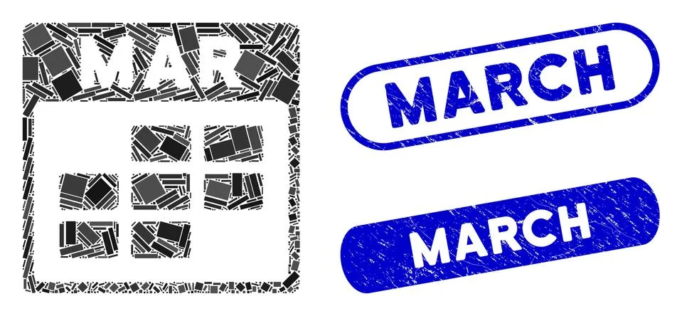 Rectangle Collage March Calendar Grid with Distress March Stamps Stock Illustration