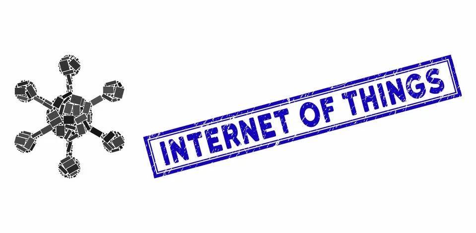 Rectangle Collage Network Node with Grunge Internet of Things Stamp Stock Illustration