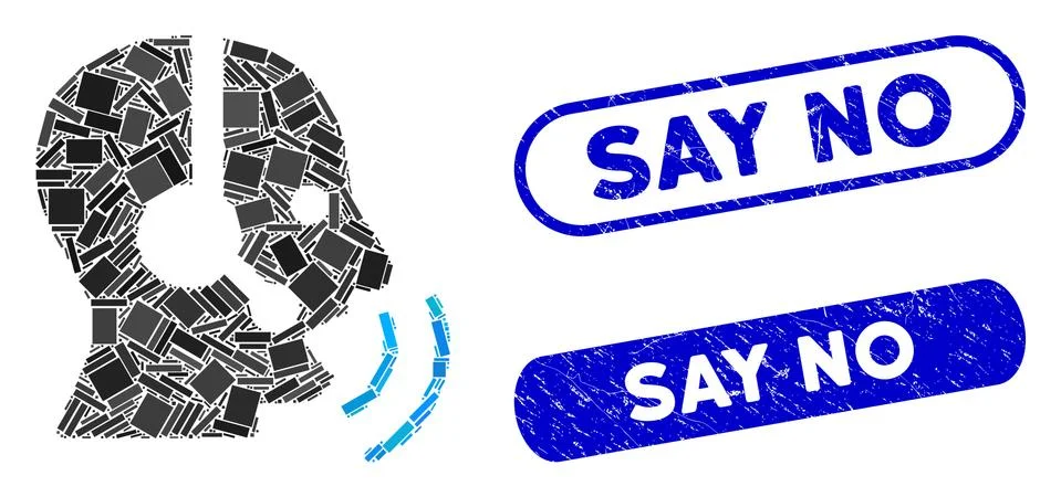 Rectangle Collage Operator Speech Sound Waves with Distress Say No Stamps Ilustración de archivo