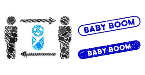 Rectangle Collage Persons Child Exchange with Grunge Baby Boom Seals Stock Illustration