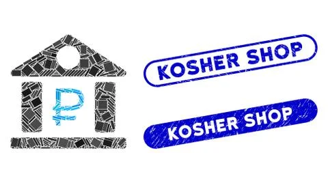 Rectangle Collage Rouble Bank Building with Scratched Kosher Shop Seals Ilustración de archivo
