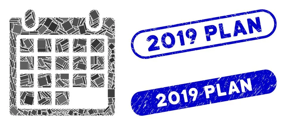 Rectangle Collage Schedule Calendar Grid with Grunge 2019 Plan Stamps イラスト素材