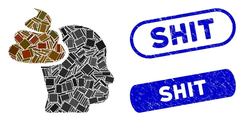 Rectangle Collage Shit Thinking Head with Scratched Shit Seals Stock Illustration