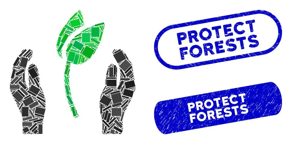 Rectangle Collage Sprout Care Hands with Grunge Protect Forests Stamps Stockillustratie