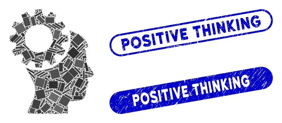 Rectangle Collage Thinking Gear with Distress Positive Thinking Stamps Stock Illustration
