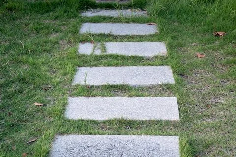 Rectangle concrete flagstone walkway path in garden grass	 Stock Photos