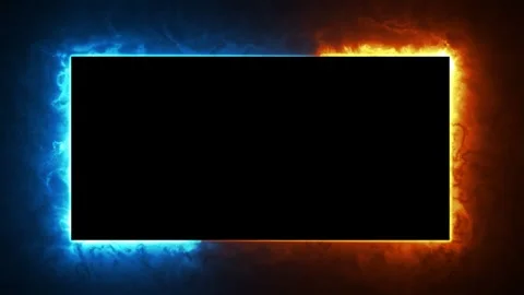 Rectangle frame in blue ice and orange fire energy effect on black background Video stock 337119095