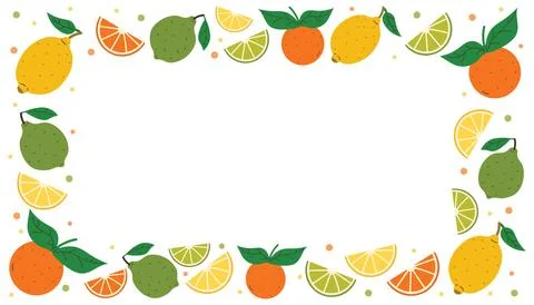 Rectangle frame of citrus fruits including lemon, orange, lime with green l.. Stock Illustration
