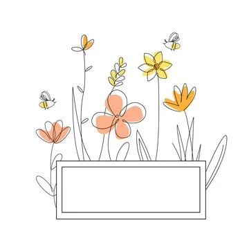 Rectangle frame with honey flowers and bees. Cartoon vector illustration Stock Illustration