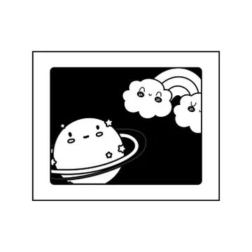 Rectangle frame planet rainbow clouds decoration isolated icon line style Stock Illustration