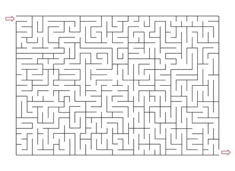 Rectangle labyrinth with entry and exit. Line maze game. Hard -Medium complex Stock Illustration