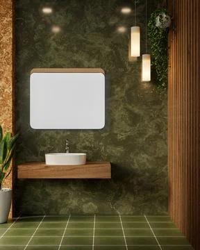 Rectangle mirror and floating wooden sink counter on marble wall over green.. Stock Illustration
