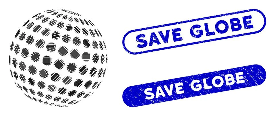 Rectangle Mosaic Abstract Dotted Sphere with Distress Save Globe Stamps Stock Illustration