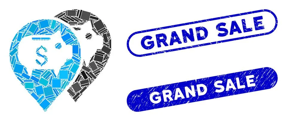 Rectangle Mosaic Bank Map Pointers with Distress Grand Sale Seals Illustrazione stock