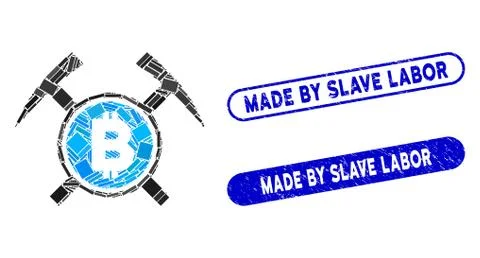 Rectangle Mosaic Bitcoin Mining Hammers with Textured Made by Slave Labor Seals Illustrazione stock