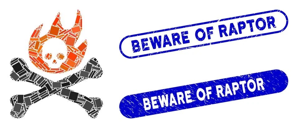 Rectangle Mosaic Bones Fire with Grunge Beware of Raptor Stamps Illustrazione stock