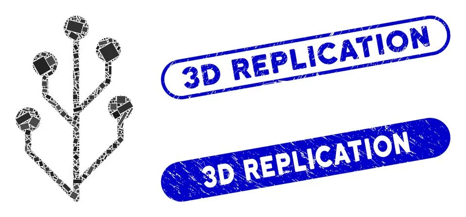 Rectangle Mosaic Circuit Tree with Grunge 3D Replication Stamps 스톡 일러스트