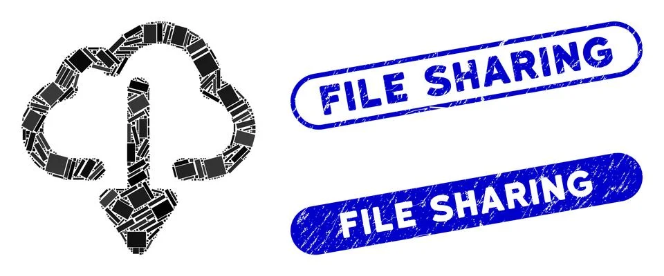 Rectangle Mosaic Cloud Download with Grunge File Sharing Seals Stock Illustration
