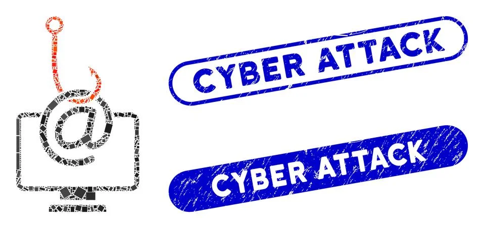 Rectangle Mosaic Computer Email Phishing with Grunge Cyber Attack Stamps Stock Illustration
