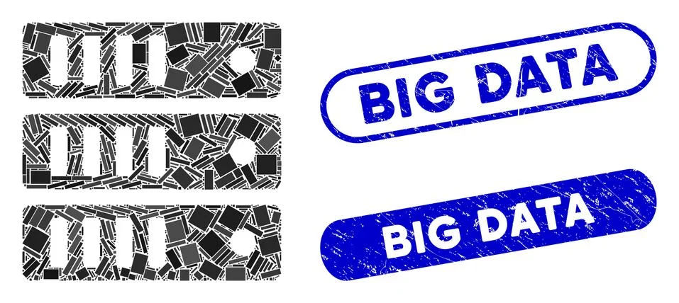 Rectangle Mosaic Database Server with Grunge Big Data Seals Stock Illustration