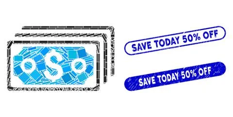 Rectangle Mosaic Dollar Banknotes with Distress Save Today 50% Off Seals イラスト素材