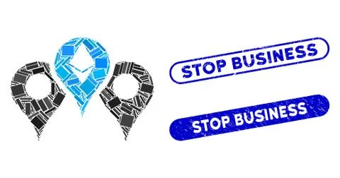 Rectangle Mosaic Ethereum Map Pointers with Scratched Stop Business Stamps Stock Illustration