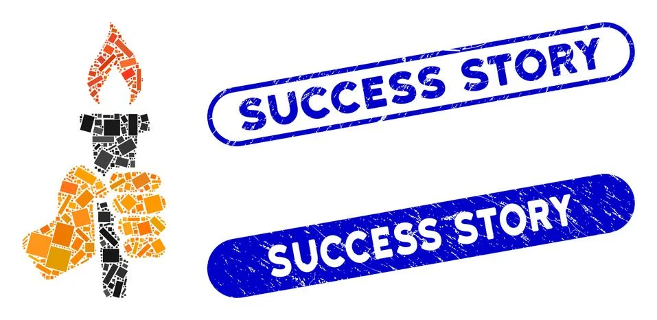 Rectangle Mosaic Hand with Fire Torch with Textured Success Story Stamps Stock Illustration