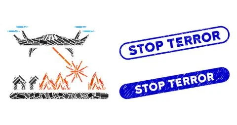 Rectangle Mosaic Laser Drone Attacks Village with Textured Stop Terror Stamps Stock Illustration