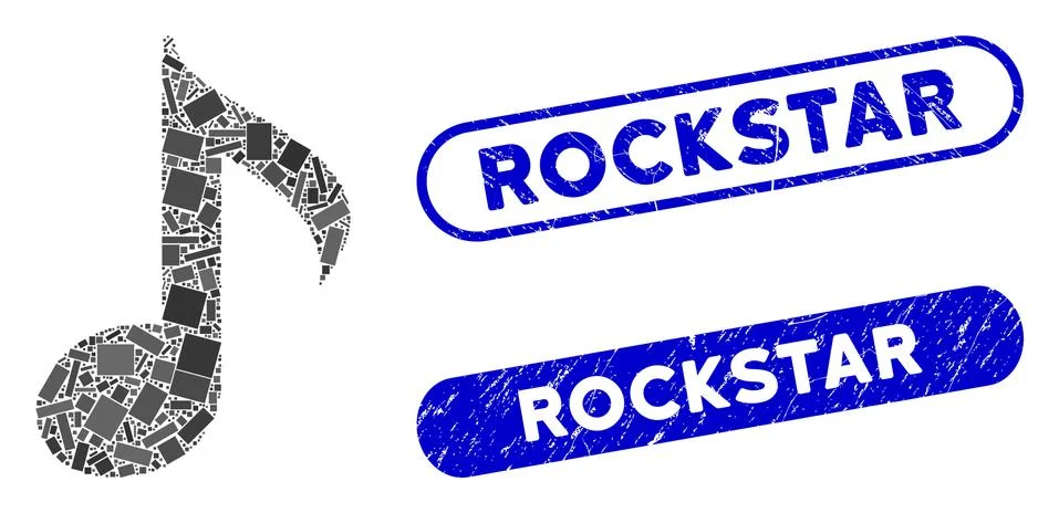Rectangle Mosaic Musical Note with Grunge Rockstar Seals 스톡 일러스트