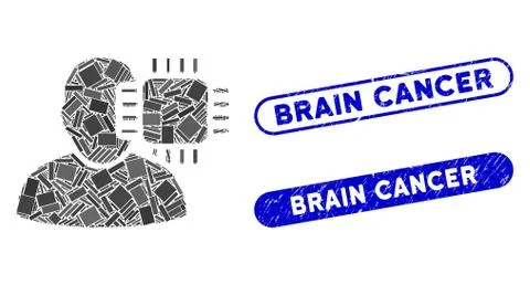 Rectangle Mosaic Neuro Interface with Scratched Brain Cancer Stamps 스톡 일러스트